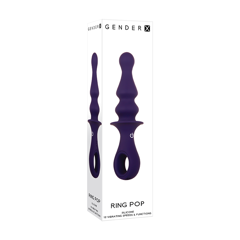 GENDER X RING POP RECHARGEABLE VIBRATING SILICONE ANAL PLUG WITH RING HANDLE PURPLE
